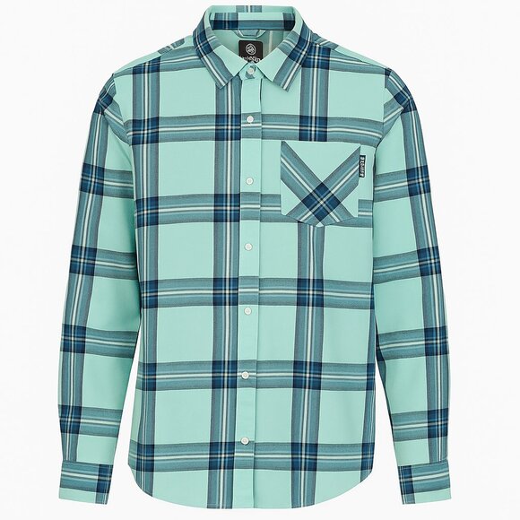 Flylow Shirt Mens XL Blue Green Plaid Snap Button Corbetts Ski Snowboard Logo - Picture 1 of 11